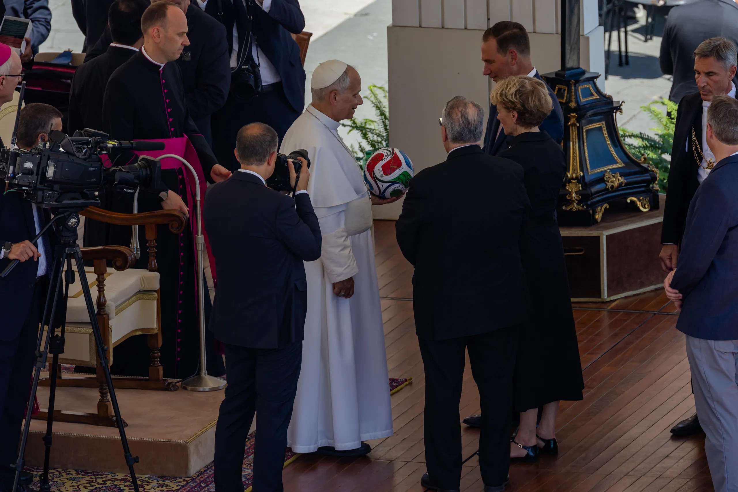 Pope Leo XIV receives an official FIFA World Cup soccer ball from the U.S., Mexico, and Canada ambassadors to the Holy See June 17 (Credit: Zeale News)