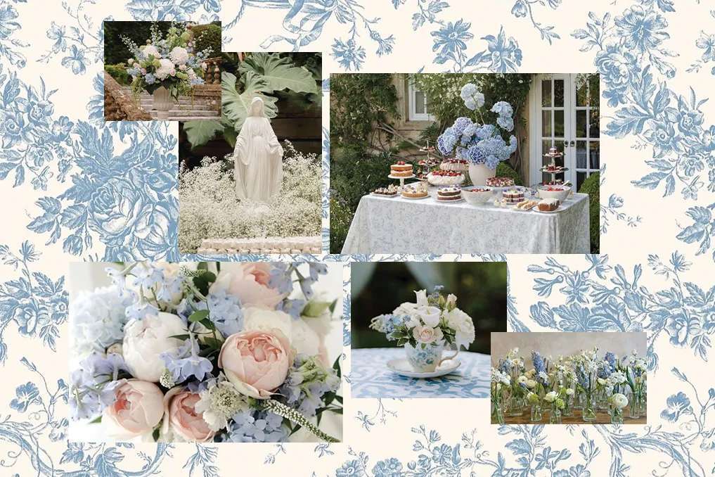 Collage by Zeale Staff. This moodboard is for inspirational purposes only. The visual inspiration for this tea party includes images curated via Pinterest. All images are the property of their respective owners. Original sources are credited where available.